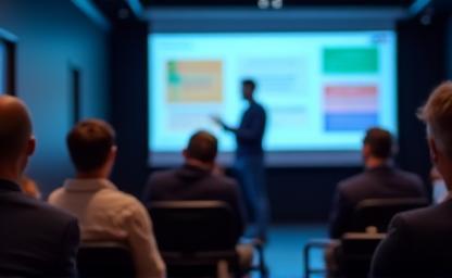 Person giving a presentation on a stage with a projector screen.